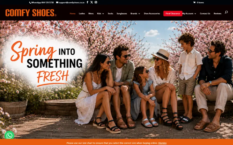 Comfy Shoes website, desktop view