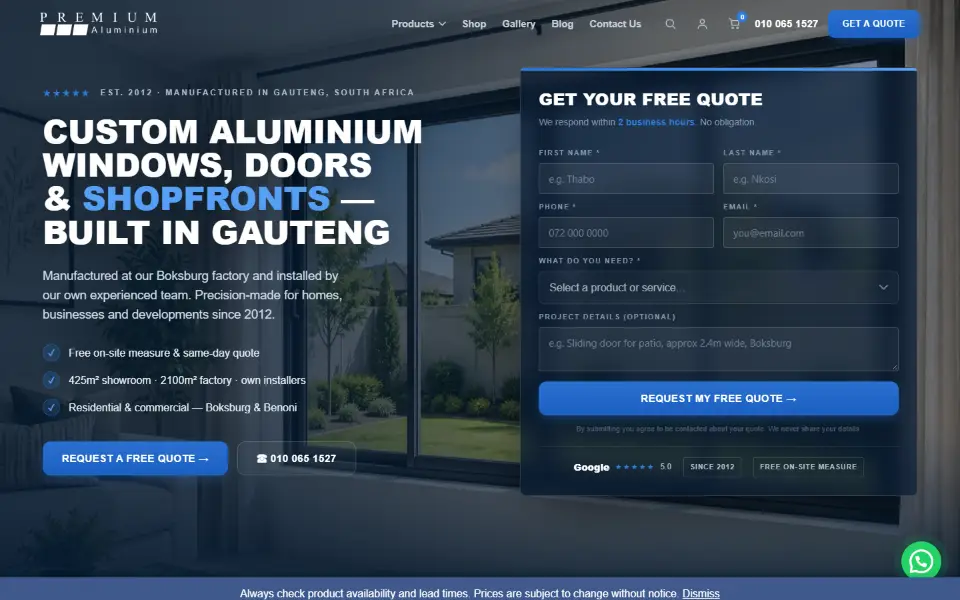 Premium Aluminium website, desktop view