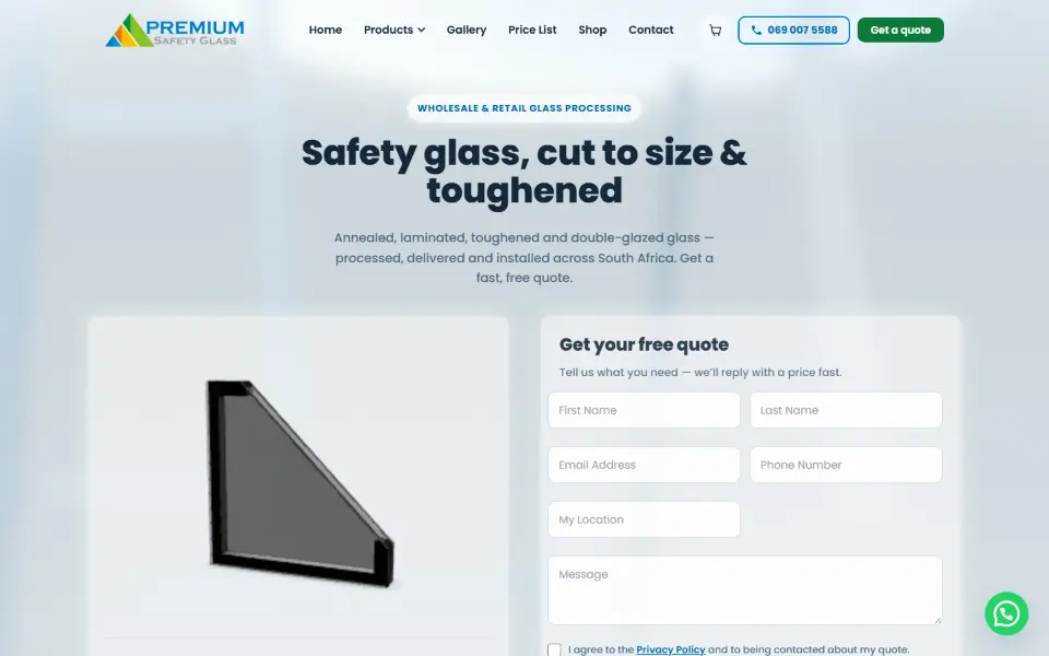 Premium Safety Glass website, desktop view